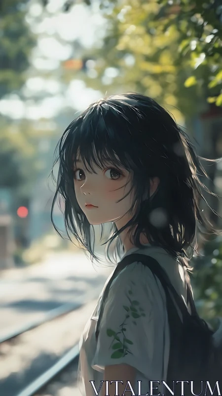 Soft summer light pauses on the girl by the quiet tracks