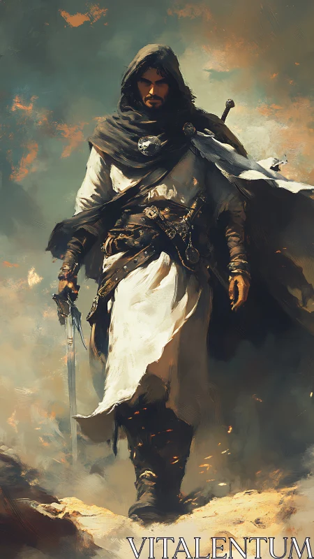 Hooded desert warrior strides through windswept embers.