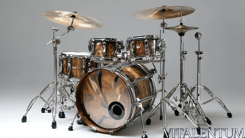 Studio drum kit with figured wood shells and chrome hardware.