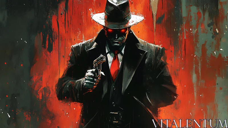 Shadowed figure with handgun before abstract red backdrop.