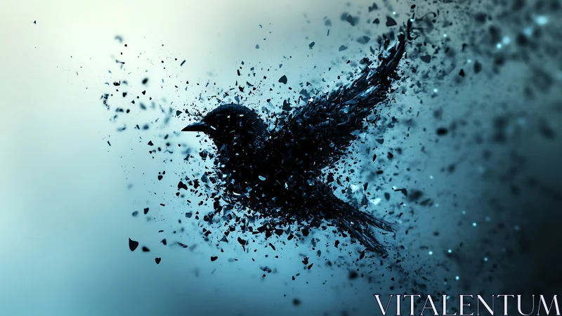 Shattering raven silhouette takes flight in sparkling blue mist