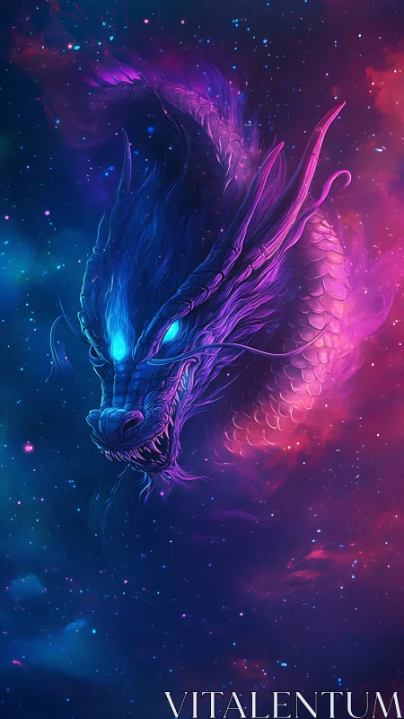 Cosmic dragon spirit glides through glowing neon starlight