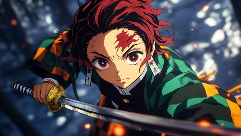 Determined anime swordsman charges through embers in battle