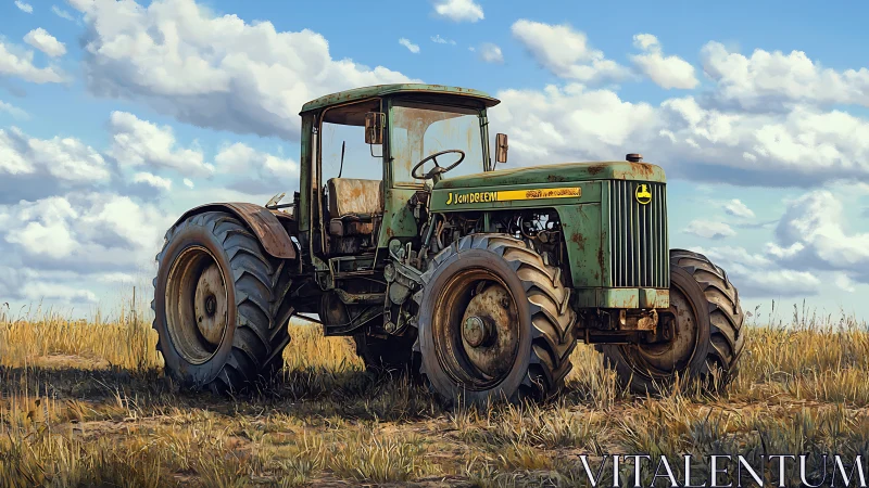 Weathered green tractor on dry field under cumulus clouds