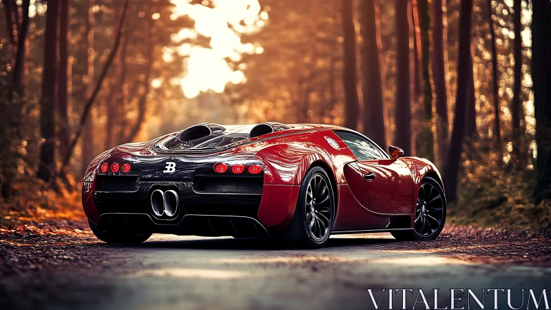 Red hypercar glows against a tranquil, sunlit forest road
