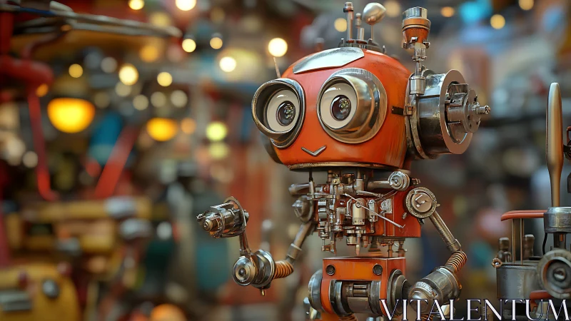 Compact orange service robot in cluttered workshop bokeh field.