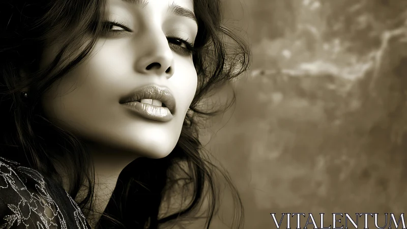 Sepia portrait captures luminous gaze and flowing hair.