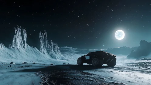 Moonlit rover pause on a quiet frozen alien frontier.