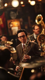 Warm jazz club moment as a saxophonist smiles onstage