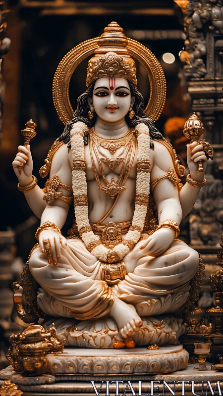 Marble deity statue sits cross-legged with gold ornaments