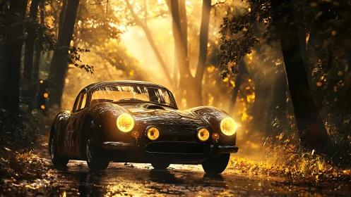 Vintage sports car sits on wet forest road in golden light