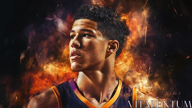 Basketball player portrait rendered with intense fiery effects