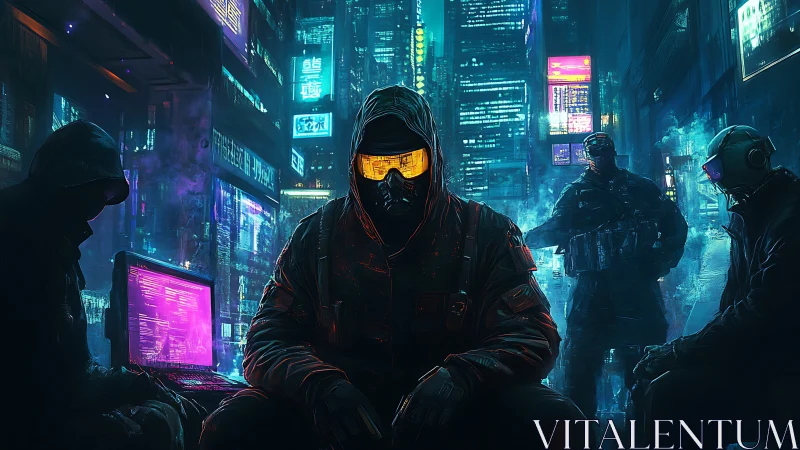 Cyberpunk hacker squad dominates neon drenched megacity alley