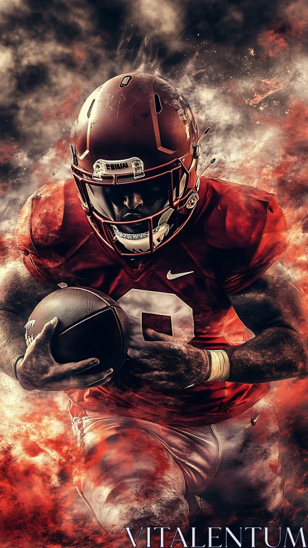 Football running back drives through swirling fiery smoke