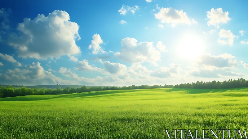 Sunlit grassland under cumuliform clouds with high dynamic range
