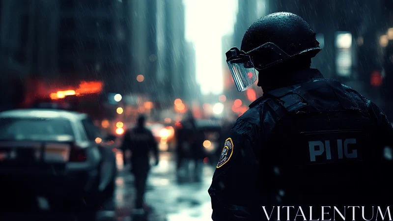 Rain-slicked riot gear listens to the sirens paint the night