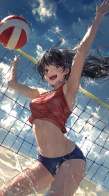 Joyful beach volleyball spike under a bright summer sky.