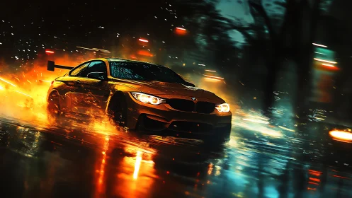 Neon storm racer carving fire through rain slick city streets.