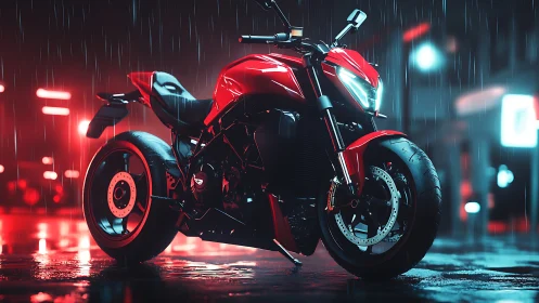 Red cyber-street motorcycle stands under neon rain at night