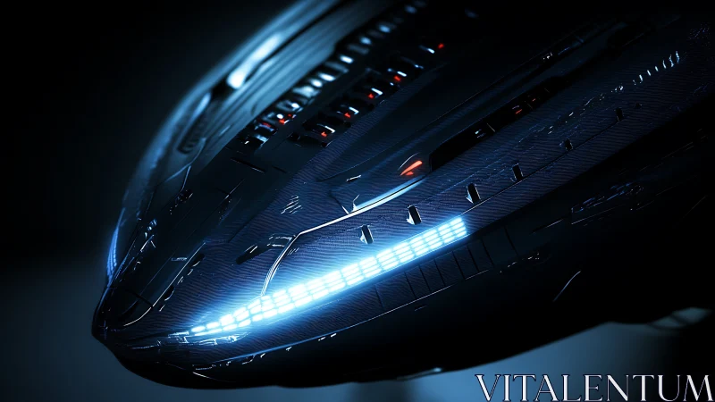 Sleek starship glides through darkness with cool blue lights