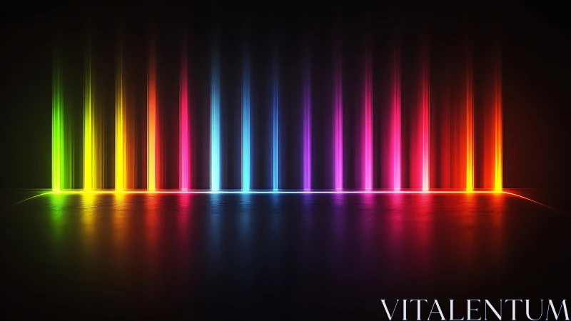 Glowing rainbow light columns brighten a sleek dark space.