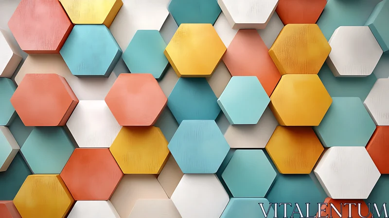 Hexagonal 3D wall pattern in pastel and warm solid colors.