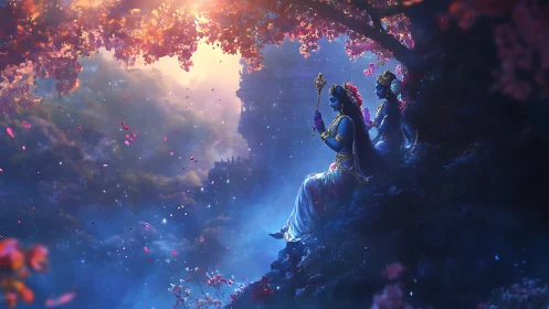 Divine blue deities resting under luminous blossom canopy.