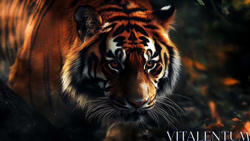 Tiger stalks forest floor under dramatic low light.