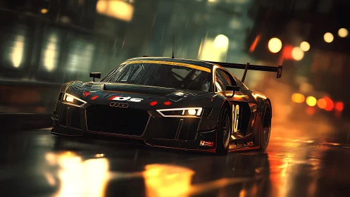 Night rain sprint with a sleek black city race car.