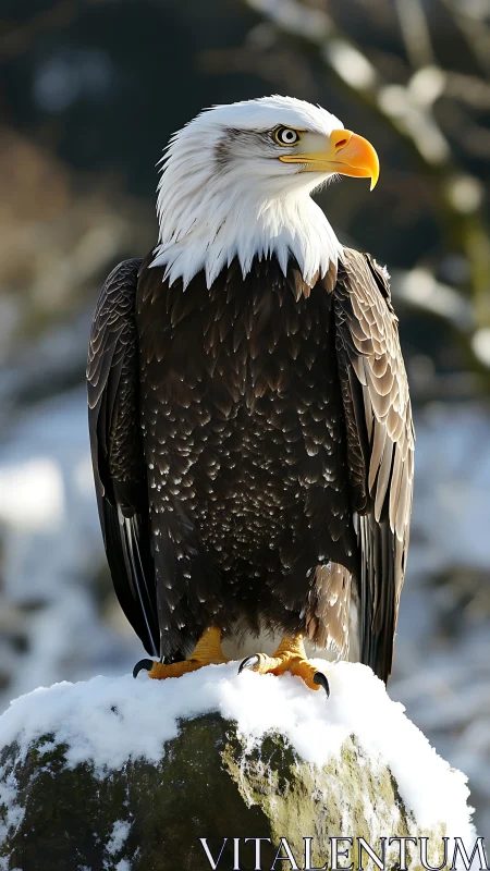 Bald eagle stands alert on snow covered rock in winter light