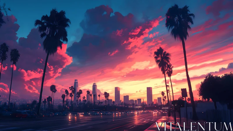 Parametric sunset over palm-lined arterial and neon skyline.