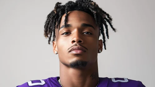 Confident young athlete gazes forward in bold purple jersey