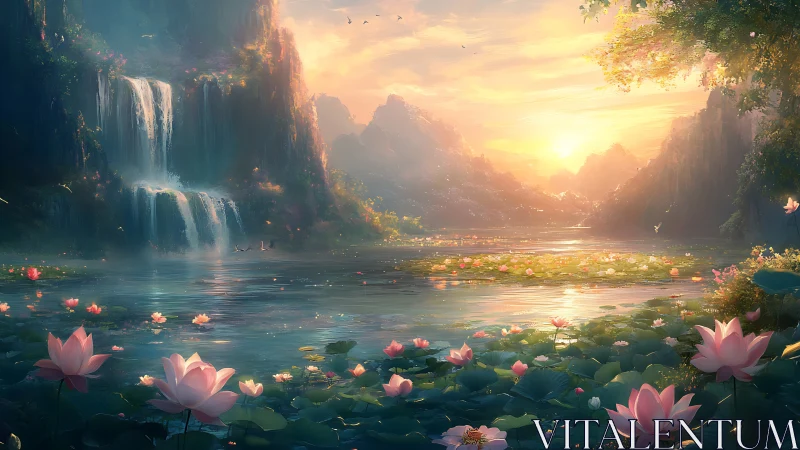 Sunlit lotus lagoon cradled by misty cliffs and waterfalls.