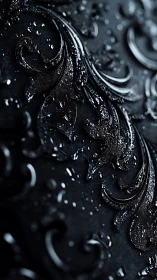 Black baroque floral relief with wet glossy surface details.