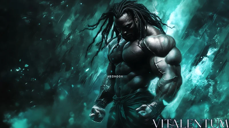 Storm-forged warrior stands strong in a swirling teal power