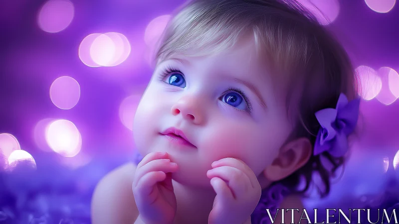 Young child with blue eyes against purple bokeh background.