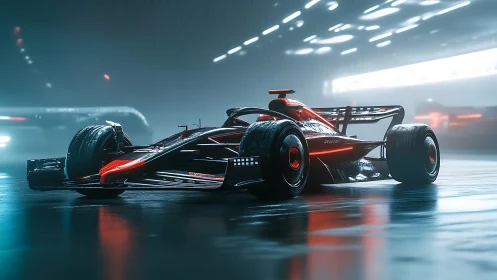 Futuristic single-seater race car on wet illuminated track.