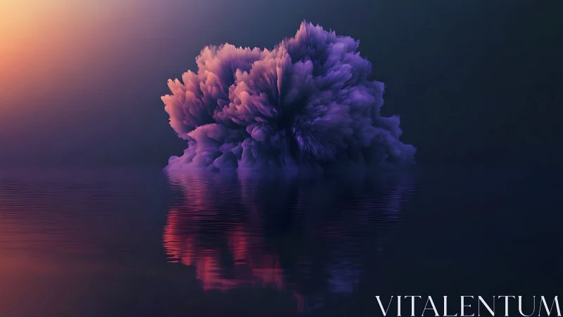 Iridescent purple cloud blooms over still reflective water