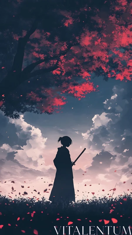 Lone samurai silhouette stands beneath crimson blossom tree