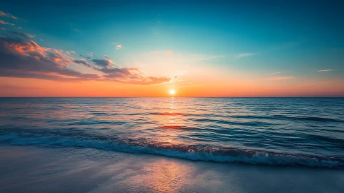 Vibrant ocean sunset over calm waves and glowing horizon.
