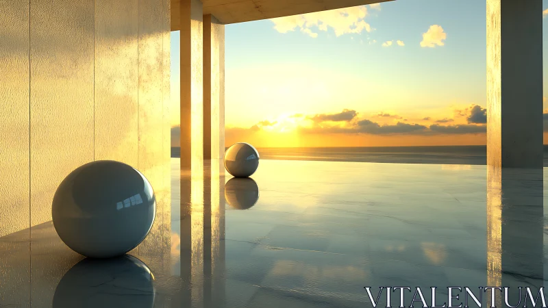 Sunlit marble pavilion with reflective spheres at horizon.