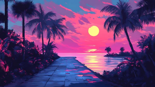 Sunset illuminates tropical palm-lined path beside calm sea