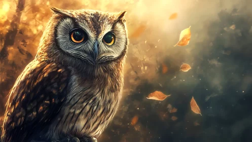Majestic Owl in Autumn Forest, Digital Art with Warm Lighting.
