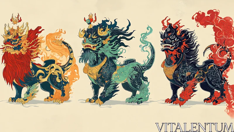 Triptych of elemental guardian lions in ornate digital linework.