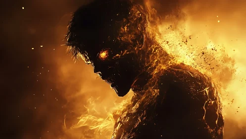 Flaming skeletal figure emerges through molten inferno blaze.