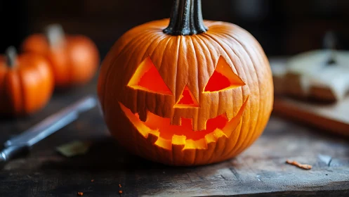 Photorealistic carved jack-o’-lantern on rustic wooden table.