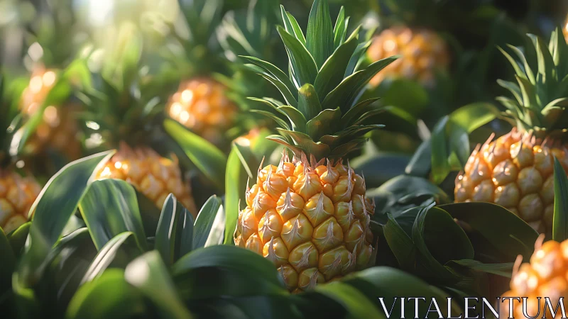 Sunlit pineapples grow in dense foliage under soft light