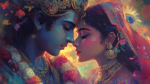 Divine Romance: Radiant Deities Embrace in Luminous Floral Composition
