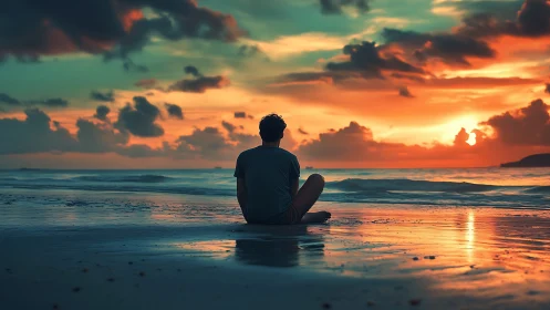 Solitary figure observes vivid ocean sunset from shore