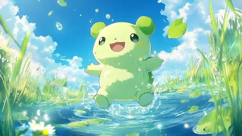 Joyful green creature splashes and sparkles under blue skies